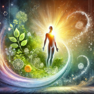 An uplifting illustration symbolizing the body’s natural state of health and wellness, featuring a serene, glowing human figure surrounded by elements representing balance, prevention, positive habits, and fitness. The vibrant background includes natural greens, blues, and golds, evoking vitality and harmony.
