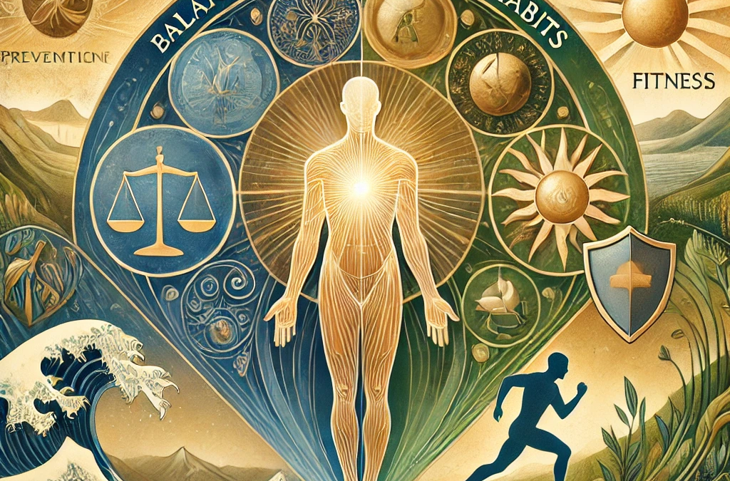 An uplifting illustration symbolizing the body’s natural state of health and wellness, featuring a serene, glowing human figure surrounded by elements representing balance, prevention, positive habits, and fitness. The vibrant background includes natural greens, blues, and golds, evoking vitality and harmony.