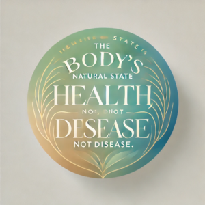 An uplifting illustration symbolizing the body’s natural state of health and wellness, featuring a serene, glowing human figure surrounded by elements representing balance, prevention, positive habits, and fitness. The vibrant background includes natural greens, blues, and golds, evoking vitality and harmony.
