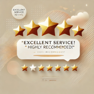 An image representing testimonial reviews, featuring five gold stars, a glowing text bubble with a positive review, and a professional soft gradient background. Designed to symbolize trust and high-quality feedback. 