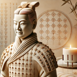 A detailed depiction of an ancient acupuncture statue inspired by terracotta warriors, engraved with meridian lines and acupuncture points, symbolizing the integration of traditional Chinese medicine and holistic health. 