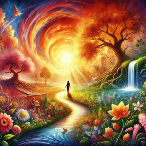 A serene and vibrant depiction of an abundant life, symbolizing ever-changing wisdom and life’s experiences, with a winding path through a lush landscape, blooming flowers, and radiant sunlight, representing growth, balance, and fulfillment.