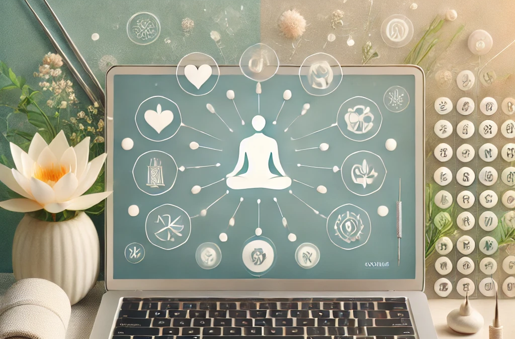 A professional and inviting image showcasing a modern laptop with a simple online booking interface for acupuncture and wellness services. The background features soft greens and blues, symbolizing ease and tranquility.”