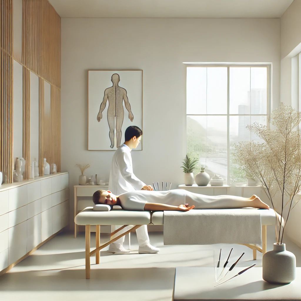 A serene and welcoming clinic environment for acupuncture and wellness services, featuring a clean and organized treatment table with neutral-toned linens, warm ambient lighting, and natural decor such as plants and wooden accents, creating a calming and professional atmosphere.