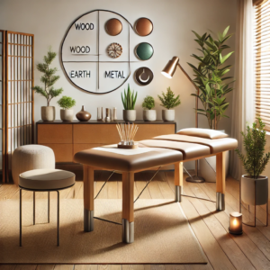 A serene and professional acupuncture setting with a wooden acupuncture table, surrounded by calming natural elements like plants and soft lighting. The space features subtle representations of the five elements—wood, fire, earth, metal, and water—creating a warm and healing ambiance. 