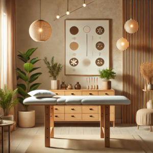 A serene and professional acupuncture clinic room with a wooden treatment table, soft lighting, and natural decor like plants and earthy tones, designed to promote balance and relaxation. 