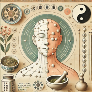 An artistic representation of Traditional Chinese Medicine (TCM) featuring a human figure with acupuncture meridian lines, yin-yang symbols, and elements like herbal medicine and cupping therapy tools. 