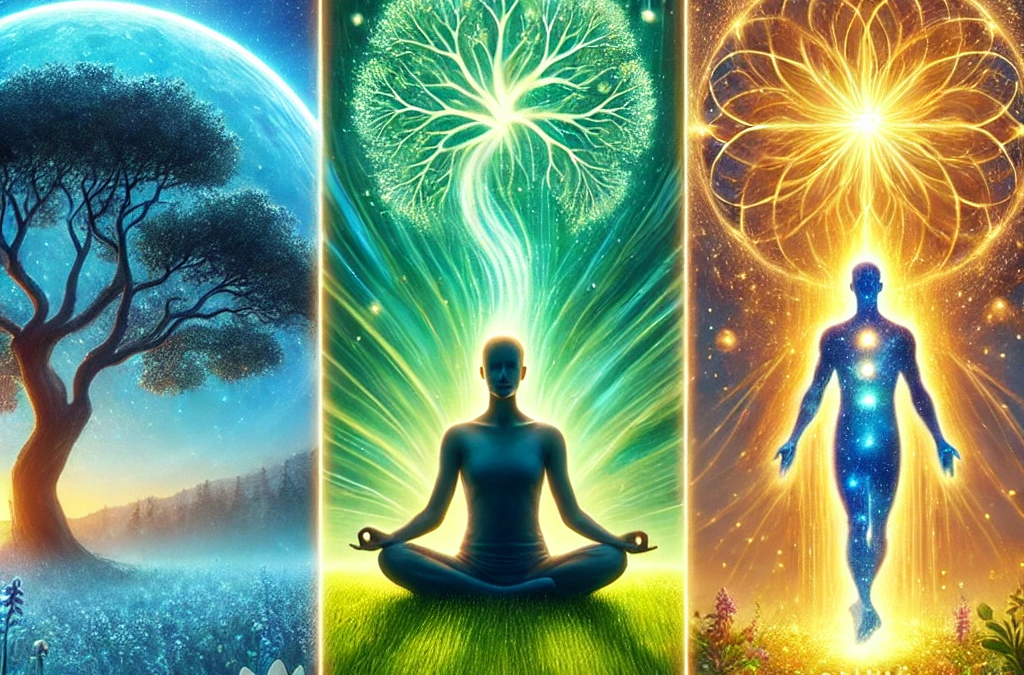 A composite image blending elements of meditation, movement, and spiritual ascension to represent the holistic connection between mind, body, and soul.