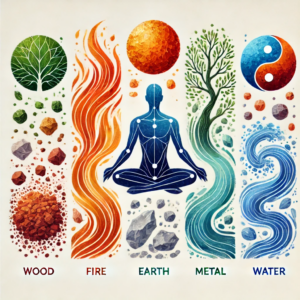 An educational comparison of Five-Element Acupuncture and Traditional Chinese Medicine (TCM), with Five-Element Acupuncture represented by natural elements—wood, fire, earth, metal, and water—and TCM shown with acupuncture meridian lines and yin-yang symbols. 