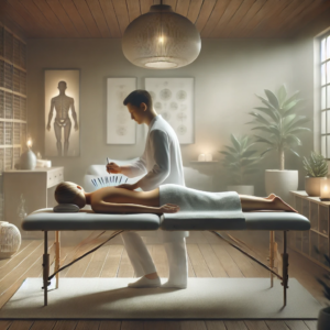 A serene acupuncture treatment room with a patient receiving therapy. The room features spft lighting, natural decor and a relaxing ambience, creating a calm and ptofessional wellness environment,