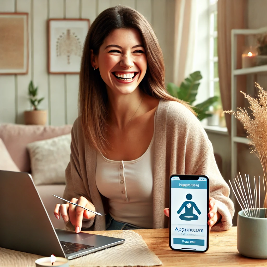 A cheerful and satisfied client using a laptop to book acupuncture and wellness services online. The client is seated in a cozy, modern home environment with plants and warm lighting, creating a calm and inviting atmosphere.