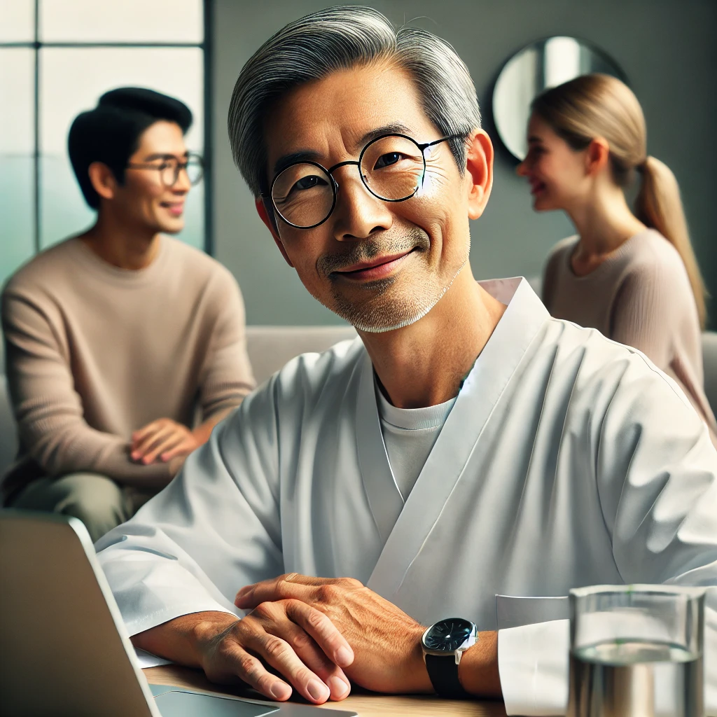 A mature, clean-shaven Asian male professional wearing glasses, interacting with two Caucasian clients in a serene setting. One client is engaged in an online session on a laptop, and the other is in a calming clinic environment. The image reflects wisdom, connection, happiness, and modern wellness