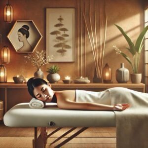 A serene acupuncture treatment room with a patient receiving therapy. The room features spft lighting, natural decor and a relaxing ambience, creating a calm and ptofessional wellness environment,