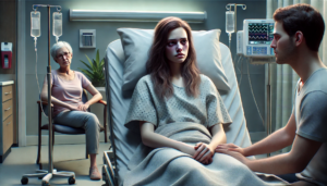 Girl in unhealthy emotional state in hospital surrounded by family