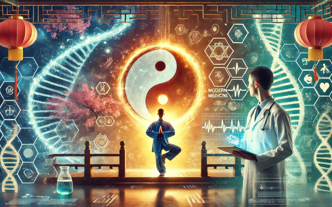 An artistic depiction bridging ancient Chinese medicine and modern science. On the left, a figure practices tai chi with glowing Qi swirls and yin-yang symbols in a traditional setting. On the right, a doctor in a lab coat analyzes futuristic medical data with DNA strands and health graphs. A glowing yin-yang symbol connects the two, symbolizing harmony between ancient wisdom and modern perspectives. Illustration of preventative medicine vs reactive care with modern and ancient symbols