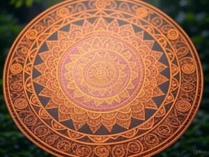 Intricate orange and gold mandala symbol with detailed patterns, set against a blurred green background, representing the Holistic I L.I.V.E. Transformation Program’s themes of inspiration and vitality.