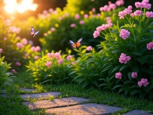 Serene garden path lined with vibrant green grass and pink flowers, with butterflies flying, symbolizing transformation for the Holistic I L.I.V.E. Transformation Program.